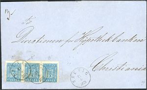 8. 12 skillings innenlandsporto. 4 skill i horisontal 3-stripe på trippelvektig brevomslag, stemplet "Brevig 17.6.1864".