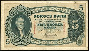 5 kroner 1919, serie G.1555208. Pen men med bretter. 2