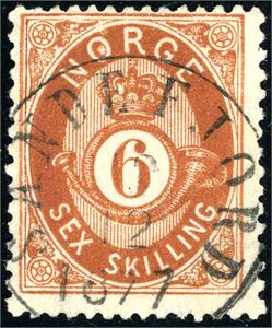 20. 6 skilling Posthorn, rettvendt stemplet "Sandefjord 6.8.1877".