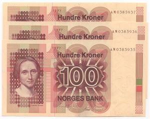 100 kroner 1977 AM. 3 stk. i serie. Kv.0