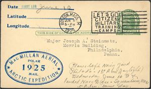A 1 cent US Stationary, cancelled "Boston, Mass Jun 11 1925". The handwritten message is written by the American explorer Richard Byrd from his 1925 expedition.
