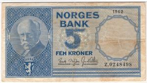 5 kroner 1962 Z.0248498 erstatningsseddel. RR-Seddel. Kv.1