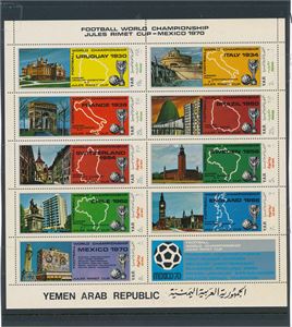 YEMEN -YAR xx Mi 1088-96, Fotball-mesterskap i sammentrykk. På normaleksemplar skal landet Israel være overstrøket på Mi 1096. Her er det ikke slik, se fotnote i Michel
