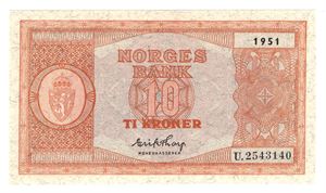 10 kroner 1951 U.2543140. Kv.0