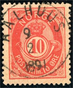 53 IV b. 10 øre 20 mm, pent fullstemplet "Aalhuus 9.2.1891".