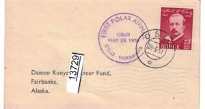 FØRSTEFLYVNING First Polar  Airmail Oslo-Fairbanks May 29 1951" på lite brev. Ankomststempel "Fairbanks" samme dag