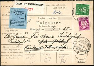 229,240. 1 kr Løve og 5 øre Posthorn på Følgebrev, annullert med hjelpestempel "Oslo St-Hanshaugen 3.6.46".