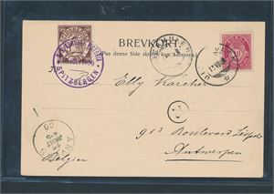 Nk 77 IIx og 10øre Svalbard lokalmerke på brevkort til Antwerpen, Belgia stemplet "DIGERMULEN 18 VII 00"