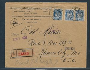 Nk 103 heftepar (BB) + enkelt Nk 125 på rekbrev til USA stemplet "OSLO 21 VII 26"