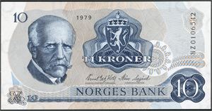 10 kroner 1979, serie HZ 0106542. 1+