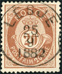 39 X. 20 øre brun, rettvendt stemplet "Lesje 25.9.1882".