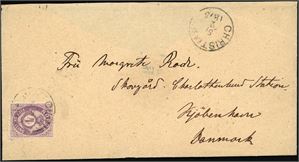19. 4 skilling Posthorn på konvolutt til Kjøbenhavn, stemplet "Christiania 5.2.1875". Ankomststempel på baksiden. Konvoluttens klaff mangler.
