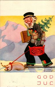 DAMSLETH. Eldre bunadskledd mann på tur med grisen. (Damm 206). Stpl 1934. Kv. 1-2.