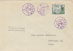 Kronet Posthorn SMÅLAND (NT / 6). Tre pene fiolette avtrykk på trykksakbrev frankert med NK 360.