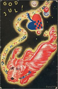 Damsleth. Hund med Julekrans. Brukt i 1934. Mittet & Co. Serie 2533. En liten brett på midten, på venstre side. K-3