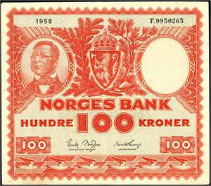 100 kroner 1958, serie F.9950265. 2