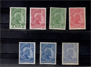 LIECHTENSTEIN 1912, Mi 1/3x, 1/3/y och 3yb, 3 valörer på bestruket och vanligt papper, kompletta i