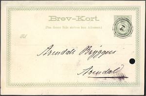 5 øres Brev-Kort, datert "Risør den 21 April 1891", annullert med 3-rings "14" (D/S Lyngør) og sendt til Arendal.