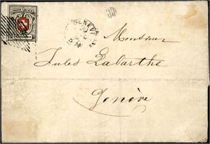 3a. Switzerland. 5 c Neuenburg on cover cancelled with grid postmark. Three wide- and one narrow margins. Certificate Eichele (2014). (€ 7500).