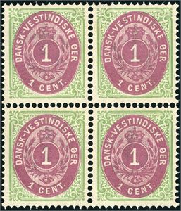 5. DWI. 1 cent (2. printing) in a partly separated block of four. The two lower stamps are unmounted mint, the other are lightly hinged.