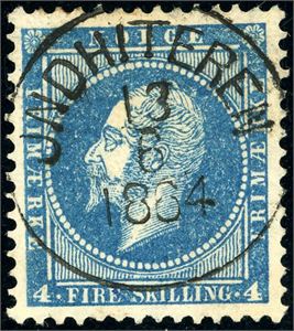 4. 4 skilling Oscar, rettvendt stemplet "Indhiteren 13.6.1864" (ST, 9 pkt).
