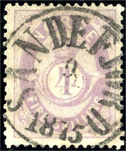 19 Id. 4 skilling Posthorn, fullstemplet "Sandefjord" i 1875.