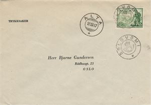 Kronet Posthorn SOLOVOMI (FM / 5) Flotte avtrykk på trykksakbrev frankert med NK 360, sidest. Alta SL 18.XII.47