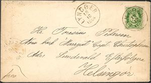 26. 12 øres porto til Danmark. 12 øre skravert Posthorn på konvolutt til Helsingør, stemplet "Lyngør 16.10.1884".