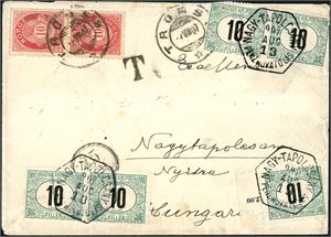 77. To 10 øre fintagget Knudsen på konvolutt til Ungarn, stemplet "Tromsø 7.8.07". Brevet er underveis blitt veid til vektklasse to, og stemplet "T" og "25cts" i sirkel. I Ungarn er brevet påsatt fem 10 Filler Portomerker, og stemplet "Nagy-Tapolcsany Aug 13". To ungarske merker med taggemangler pga perifer plassering, men dette sees lite.