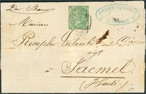 Z 28/101. DWI. 1/- green (pl 4) on cover to Haiti in 1865, cancelled "C 51", and the senders name "J.F.Laferriere &Co, St Thomas" at side. "St. Thomas Jy 17" with single circel at reverse (This flap is detached from the letter itself). British stamps had introduction date 3.7.1865. The stamps is OK, but the letter is worn. This is one of the earlieste known letter used with stamps from DWI.