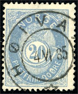 40 Ib. 20 øre blå 1883 i matt nyanse og på papir fra, stemplet "Høivaag 4.6.85".
