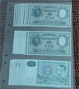SVERIGE SEDLAR. 10 Kr samtliga årtal 1948-1990, inklusive några stjärnsedlar (1963, -71, -72. -75, -79).