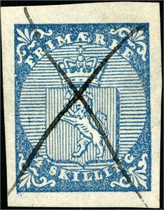 1. 4 skilling våpen 1855, anert med blekkryss. To gode- og to normale marger.