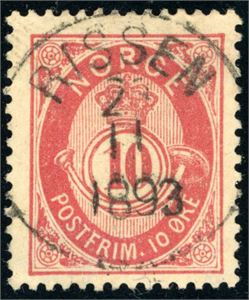 53 VII. 10 øre 20 mm, rettvendt stemplet "Rissen 25.11.1893".
