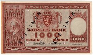 1000 kroner 1949 X.0000000 Specimen. Kv.0/01