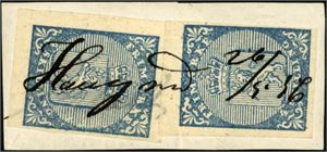 1. To 4 skilling våpen 1855 på lite brevstykke, annullert med håndskrevet stedsnavn "Haugsund 26/5 56". Rent og pent objekt, men med varierende marger.