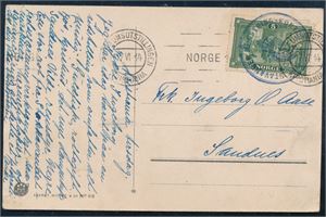 NK 114 på flott kort med maskinst med tekst fra Jubileumsutstillingen i 1914 sent til Sandnes. Gummistempel over merket "Stavanger Mønstringskontor". Flott humorkort "Fra Chat Noir Flytende hoteller under utstillingen"