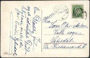 99. 5 øre Posthorn på postkort, anert med 4-rings "148" (Promsnæs, Birkenes, AA), og ved siden stemplet "Birkeland 28.12.12".