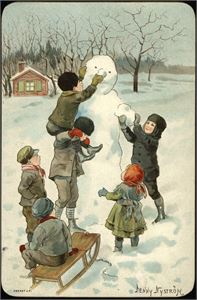 Jenny Nystrøm. "Barn lager snømann". Overrekkelseskort brukt 1897. K-1