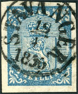 1. 4 skilling våpen 1855, fullstemplet "Stavanger 15.4.1856". Gode marger.