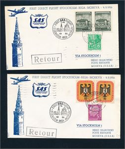 TYSKLAND-FØRSTEFLYVNINGER 2 brev SAS Stockholm-Riga-Moskva 9.5.1956. Et med BRD-merker og 1 med DDR-merker. Begge ankomststemplet