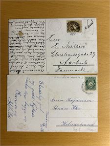 STEMPLER 4-rings "563" (Hjælsetruten) på kort til Danmark og 4-ring "3" (Kristiania-Asker) på kort til Holmestrand