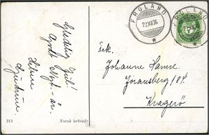 119. 7 øre Posthorn på postkort, anert med hjelpestempel "Froland 22.12.36".