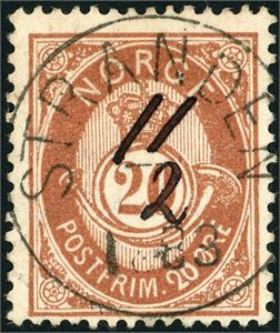 39 X. 20 øre brun, rettvendt fullstemplet "Stranden 1883" der datoen "11/2" er skrevet med blekk.