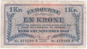 1 krone 1940 Færøyene. Nr.473289 A. Kv.1