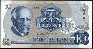 10 kroner 1973, serie QL 0105095. Erstatningsseddel. 1+