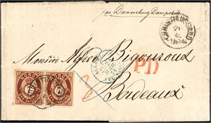 21. 14 skillings porto til Frankrike. To 7 skilling posthorn på komplett brev til Bordeaux, stemplet "Christianssand 21.4.1874". Ved siden påtegnet "pr Danneborg Dampskip" samt fransk transittstempel. To ankomststempler på baksiden.