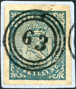 1. 4 skilling Våpen 1855 på lite brevstykke, fullstemplet "63" (Farsund, VA). Merket med gode marger, men noe gulig papir.