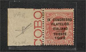 ITALIEN 1922 Mi 153**, 10 centesimi övertryckt "Congresso Filatelico Italiano-Trieste 1922", Fotointyg Rayabaudi (kopia). (Mi € 500)