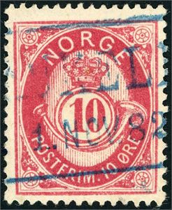 37 I. 10 øre Posthorn 1882, anert med del av det private dampskipsstempelet "Haukelid 1. Nov 82"